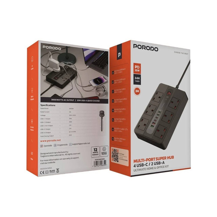 چندراهی برق و هاب شارژر هوشمند Porodo مدل Multi-Port Super Hub ضمانت سلامت گارانتی تست و مرجوعی در صورت ایراد ارسال فوری
