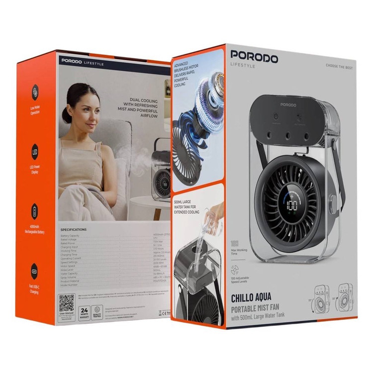 پنکه شارژی و رطوبتساز (مِست فن - Mist Fan) قابل حمل از برند Porodo Lifestyle مدل PDLFSTZH26 ضمانت سلامت گارانتی تست و مرجوعی در صورت ایراد ارسال فوری