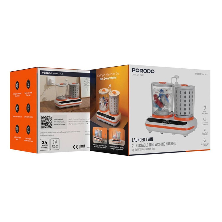 مینی لباسشویی و خشککن شارژی مدل Launder Twin کد HP200 از برند Porodo ضمانت سلامت گارانتی تست ومرجوعی در صورت ایراد ارسال فوری