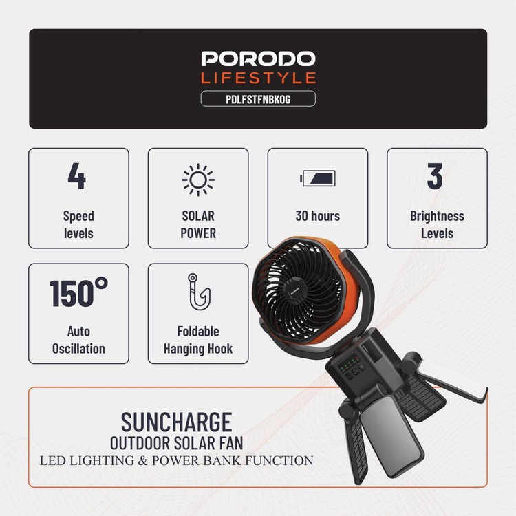 فن خورشیدی سفری پورودو Porodo Lifestyle Suncharge Outdoor Solar Fan ضمانت سلامت گارانتی تست ومرجوعی در صورت ایراد ارسال فوری