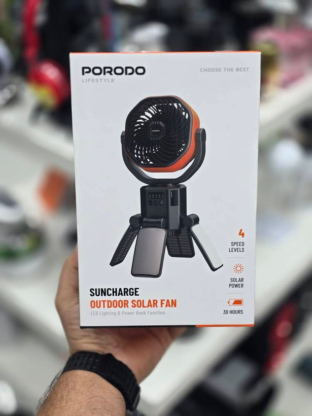 فن خورشیدی سفری پورودو Porodo Lifestyle Suncharge Outdoor Solar Fan ضمانت سلامت گارانتی تست ومرجوعی در صورت ایراد ارسال فوری